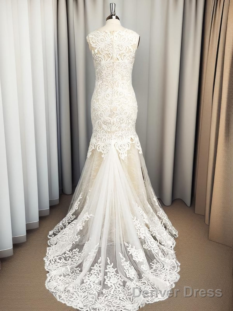 Mermaid Scoop Applique Sweep Train Tulle Wedding Dresses Secondary image