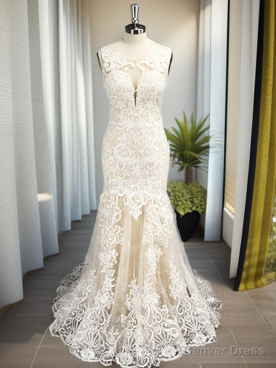 Mermaid Scoop Applique Sweep Train Tulle Wedding Dresses Main image