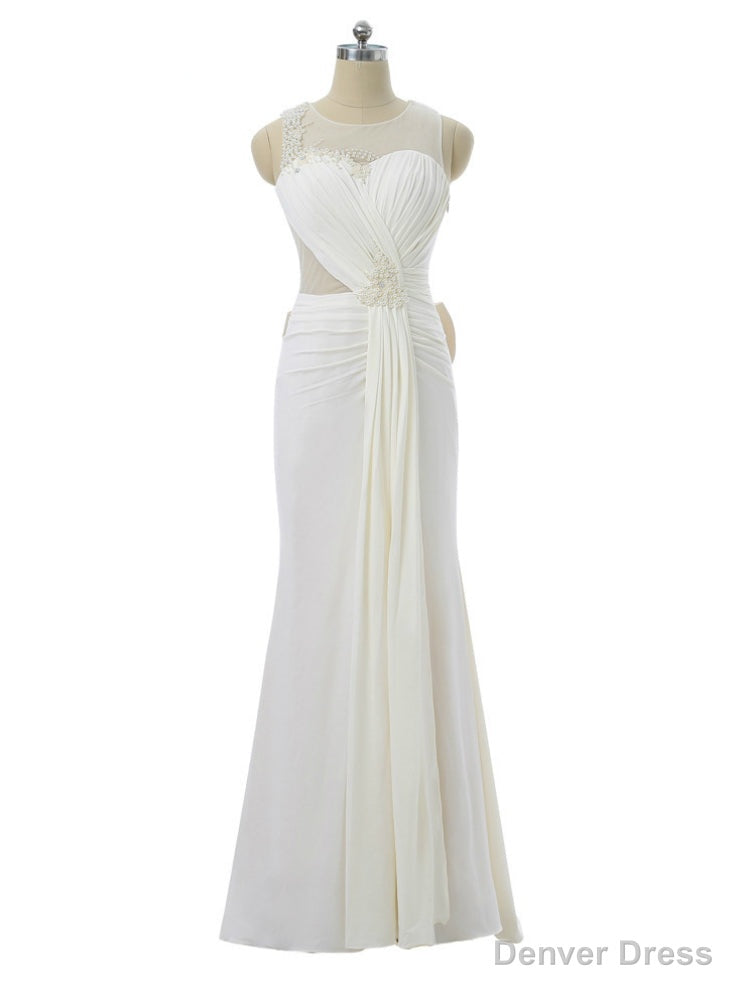 Mermaid Scoop Chiffon Pearls Bow See Through Long Prom Dresses