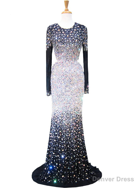 Mermaid Scoop Long Sleeve Beaded Crystals Floor Length Prom Dresses