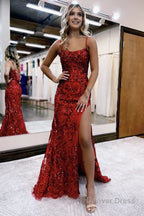 Mermaid Scoop Neck Sequins Prom Dresses with Slit