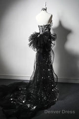 Mermaid Sequin Tulle Black Long Prom Dress, Black Long Formal Dress