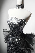 Mermaid Sequin Tulle Black Long Prom Dresses, Black Long Formal Dresses