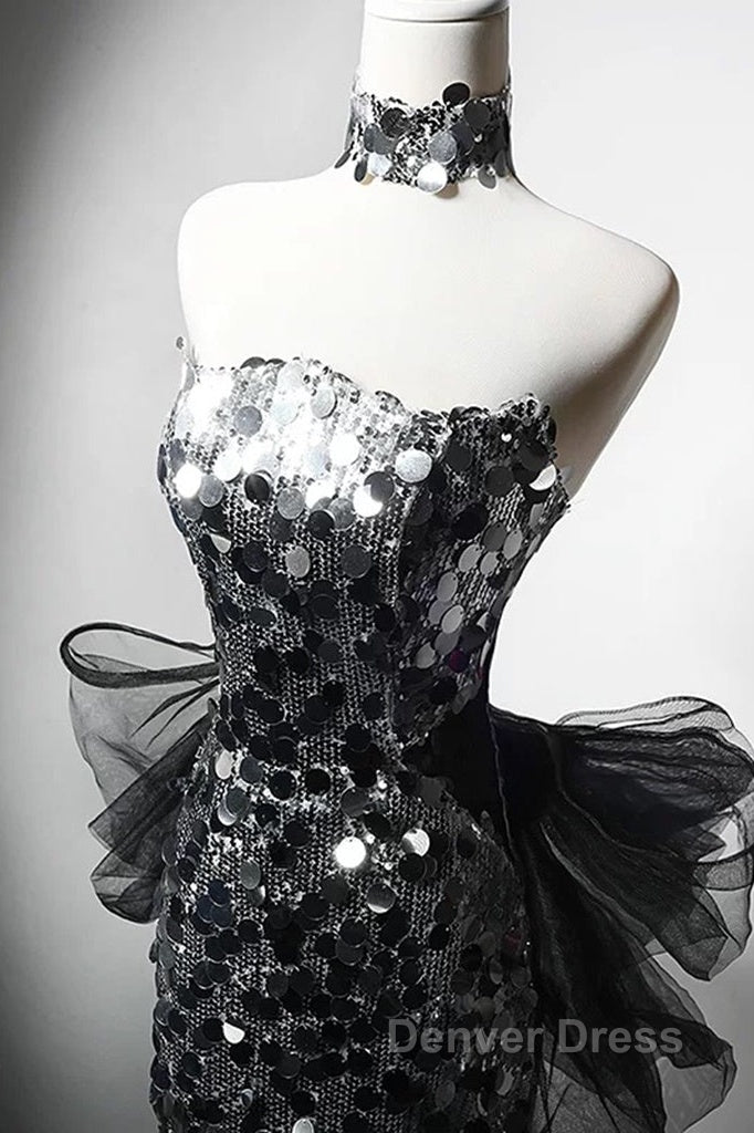 Mermaid Sequin Tulle Black Long Prom Dresses, Black Long Formal Dresses