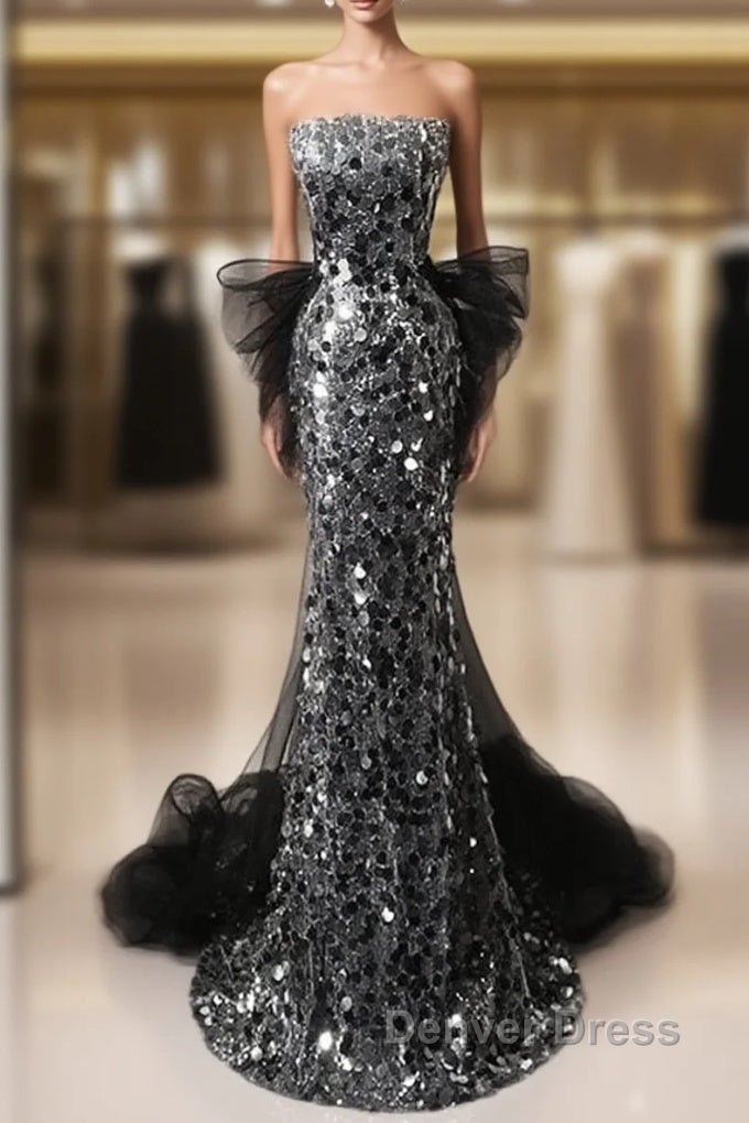 Mermaid Sequin Tulle Black Long Prom Dresses, Black Long Formal Dresses Main image