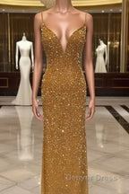 Mermaid Sequined Beaded V Neck Prom Dresses
