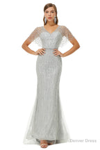 Mermaid Sequins Beading V Neck Prom Dresses