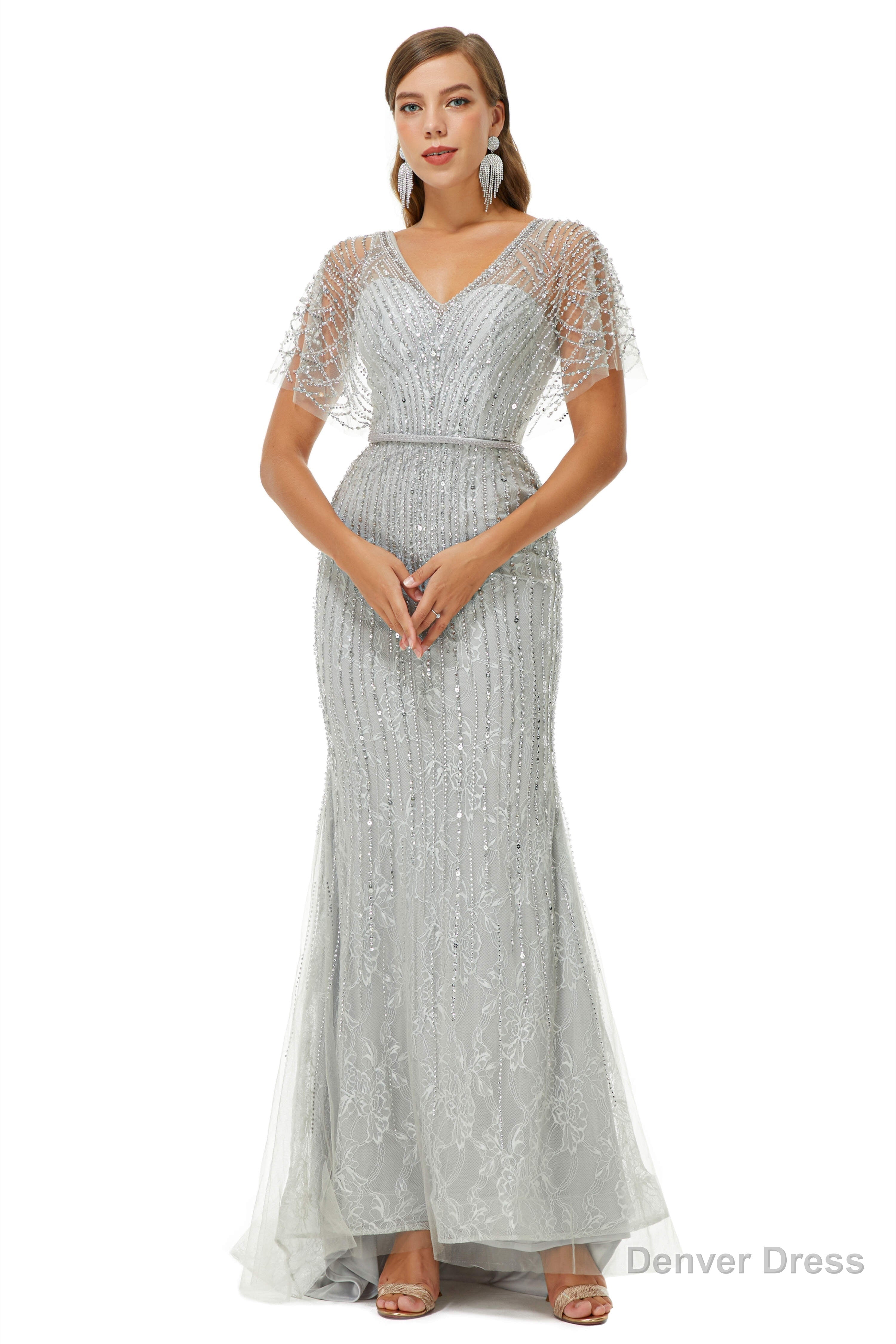 Mermaid Sequins Beading V Neck Prom Dresses