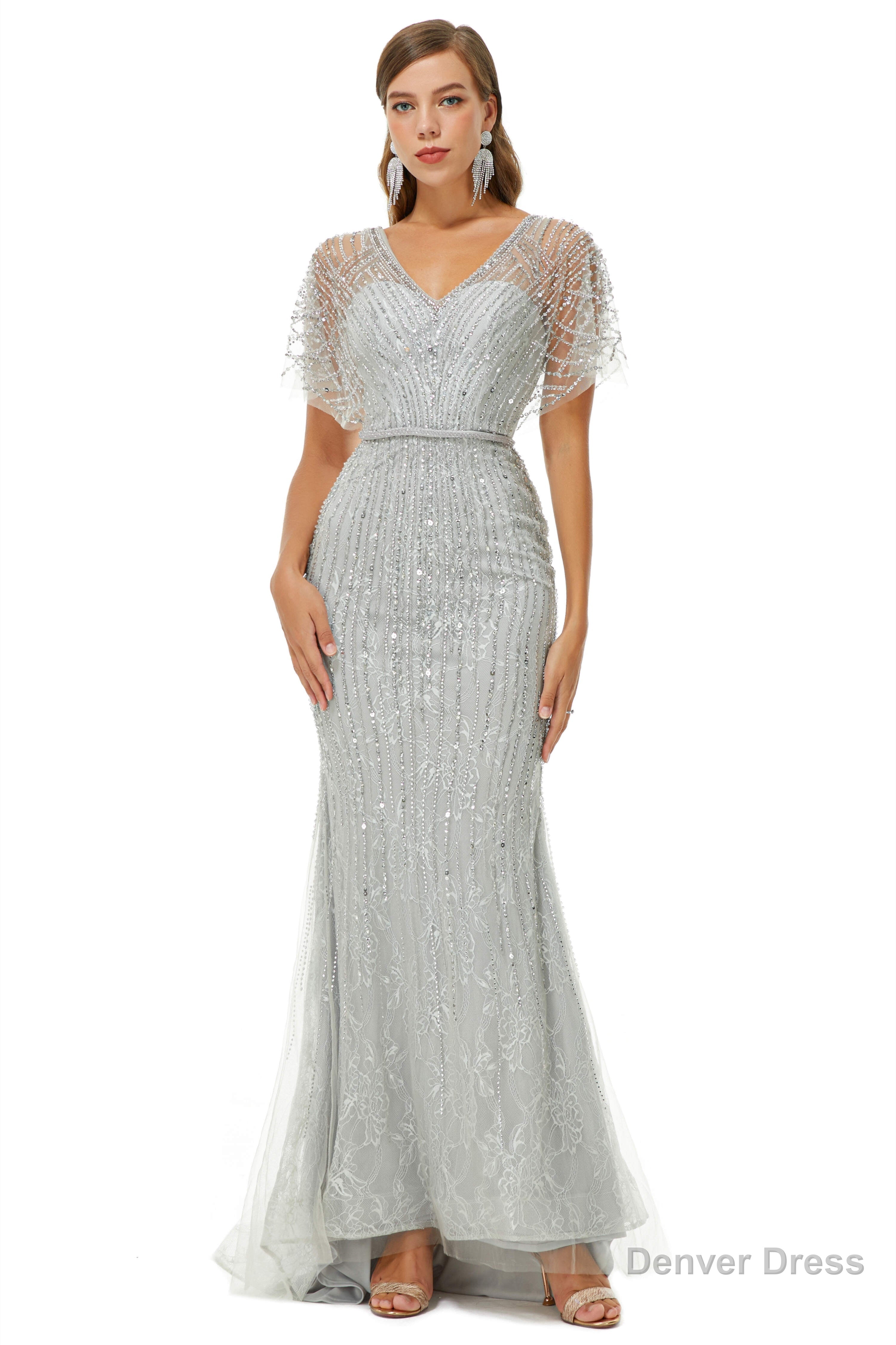Mermaid Sequins Beading V Neck Prom Dresses