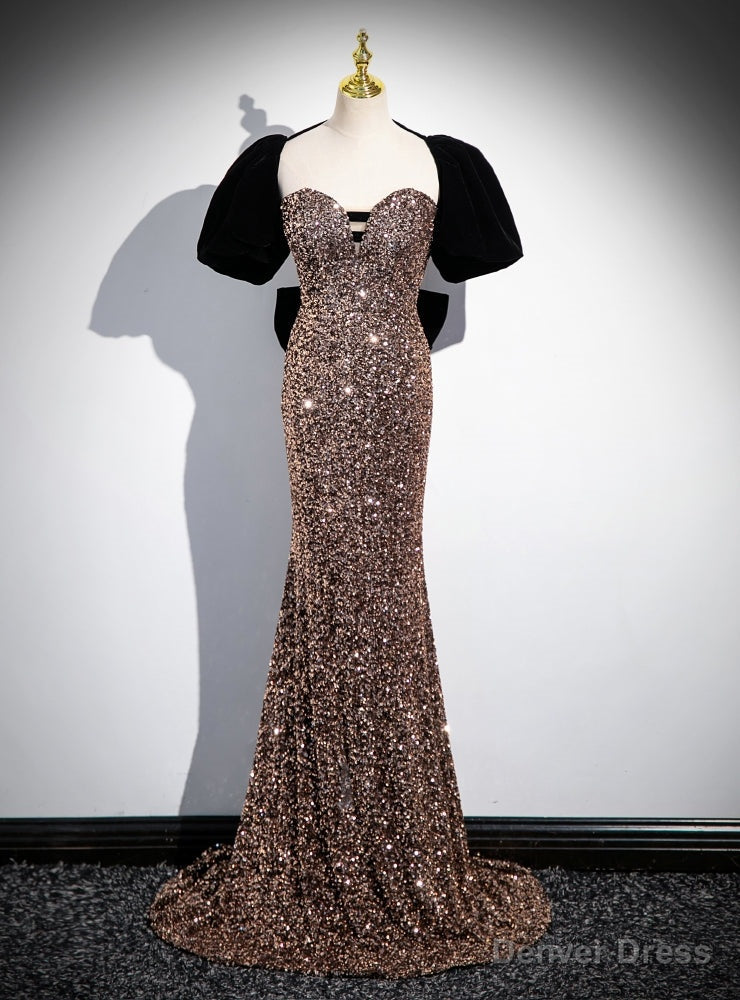 Mermaid Sequins Black Velvet Short Sleeve Prom Dresses