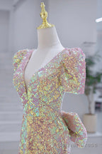 Mermaid Sequins Long Prom Dress, V-Neck Short Sleeve Evening Dress