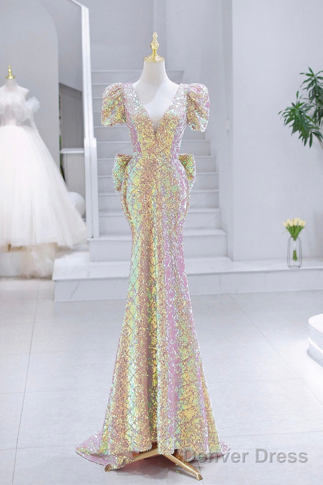 Mermaid Sequins Long Prom Dress, V-Neck Short Sleeve Evening Dress Main image