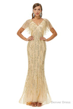 Mermaid Sequins V Neck Bat Sleeve Prom Dresses