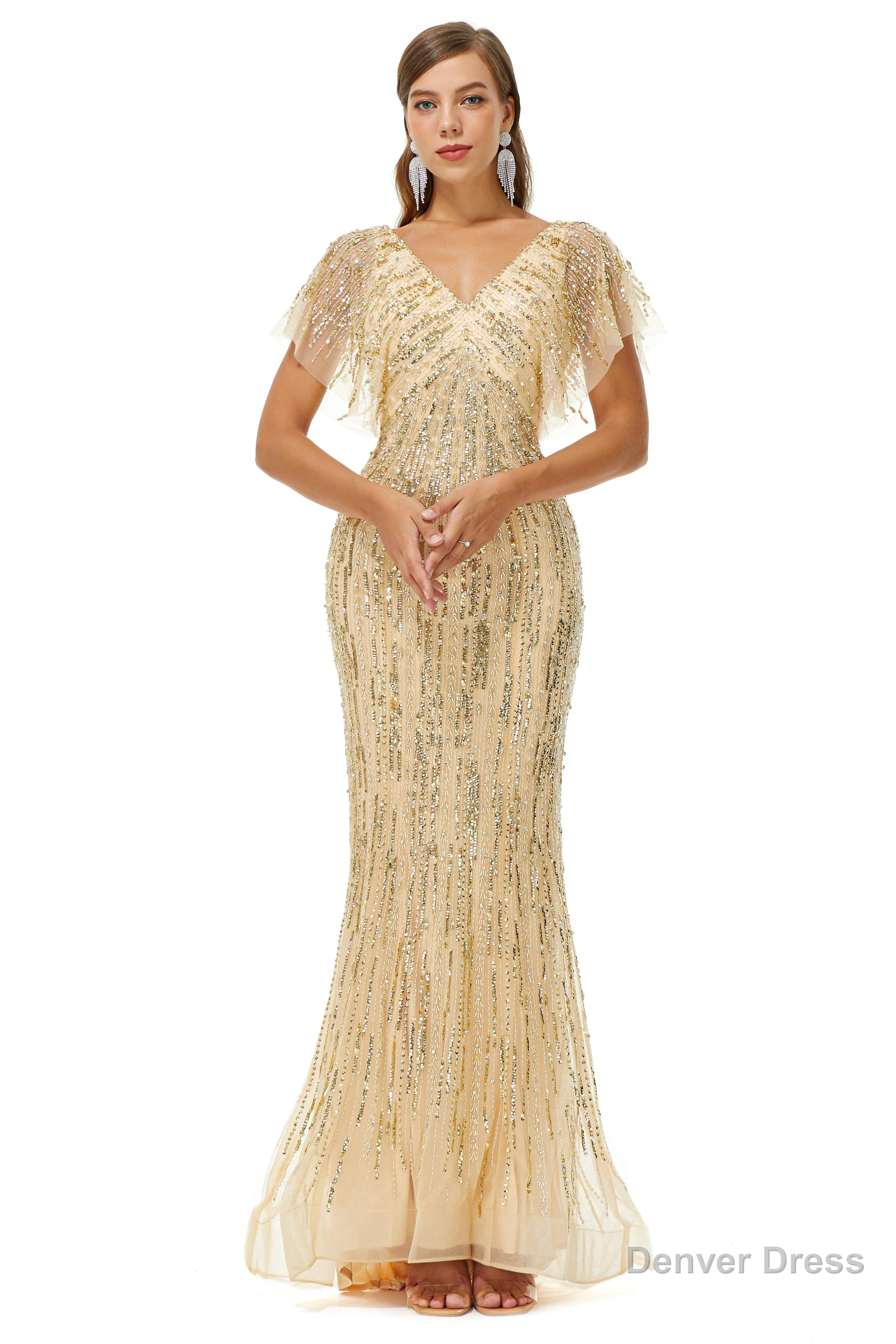 Mermaid Sequins V Neck Bat Sleeve Prom Dresses Secondary image