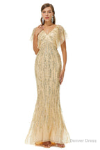 Mermaid Sequins V Neck Bat Sleeve Prom Dresses