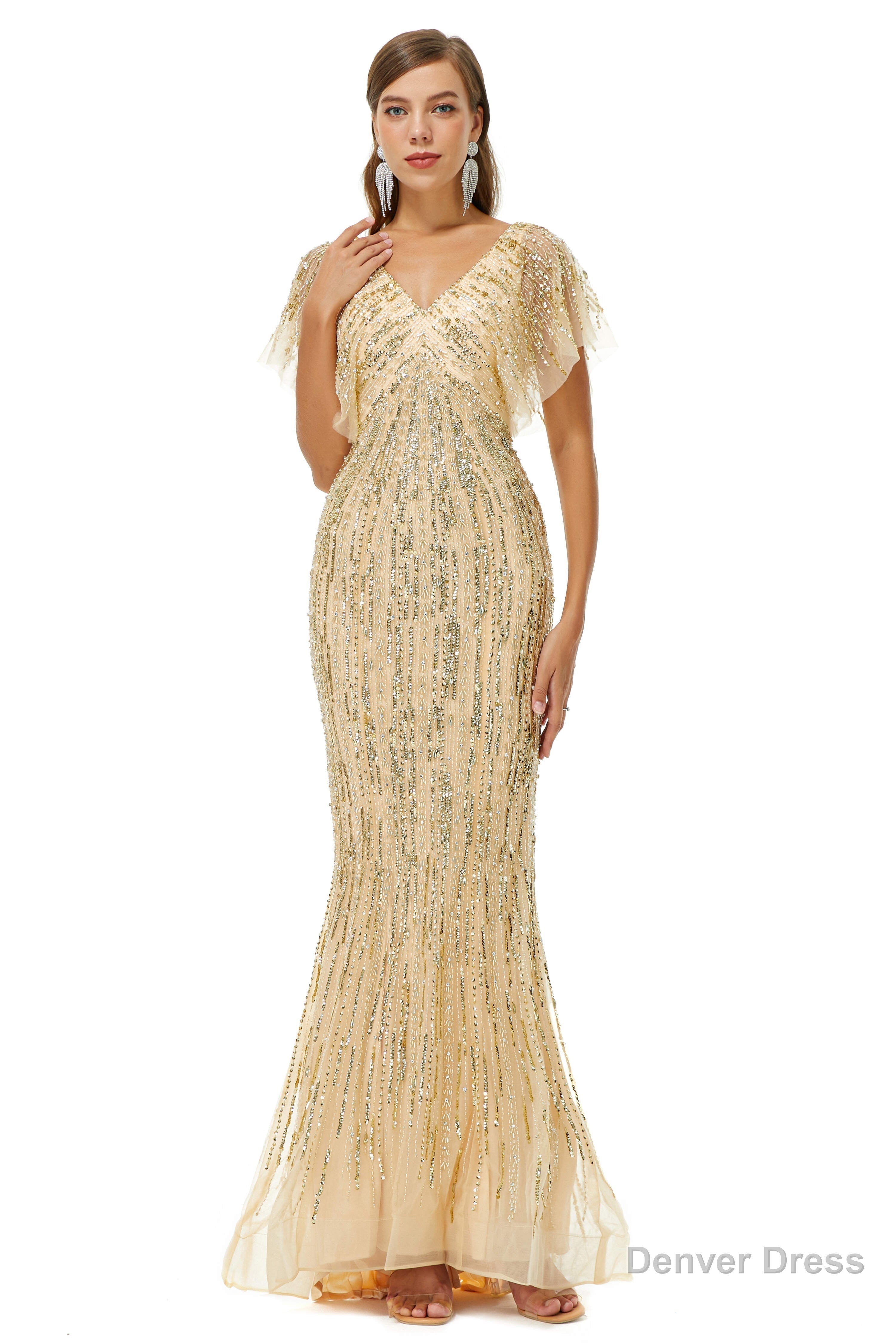 Mermaid Sequins V Neck Bat Sleeve Prom Dresses