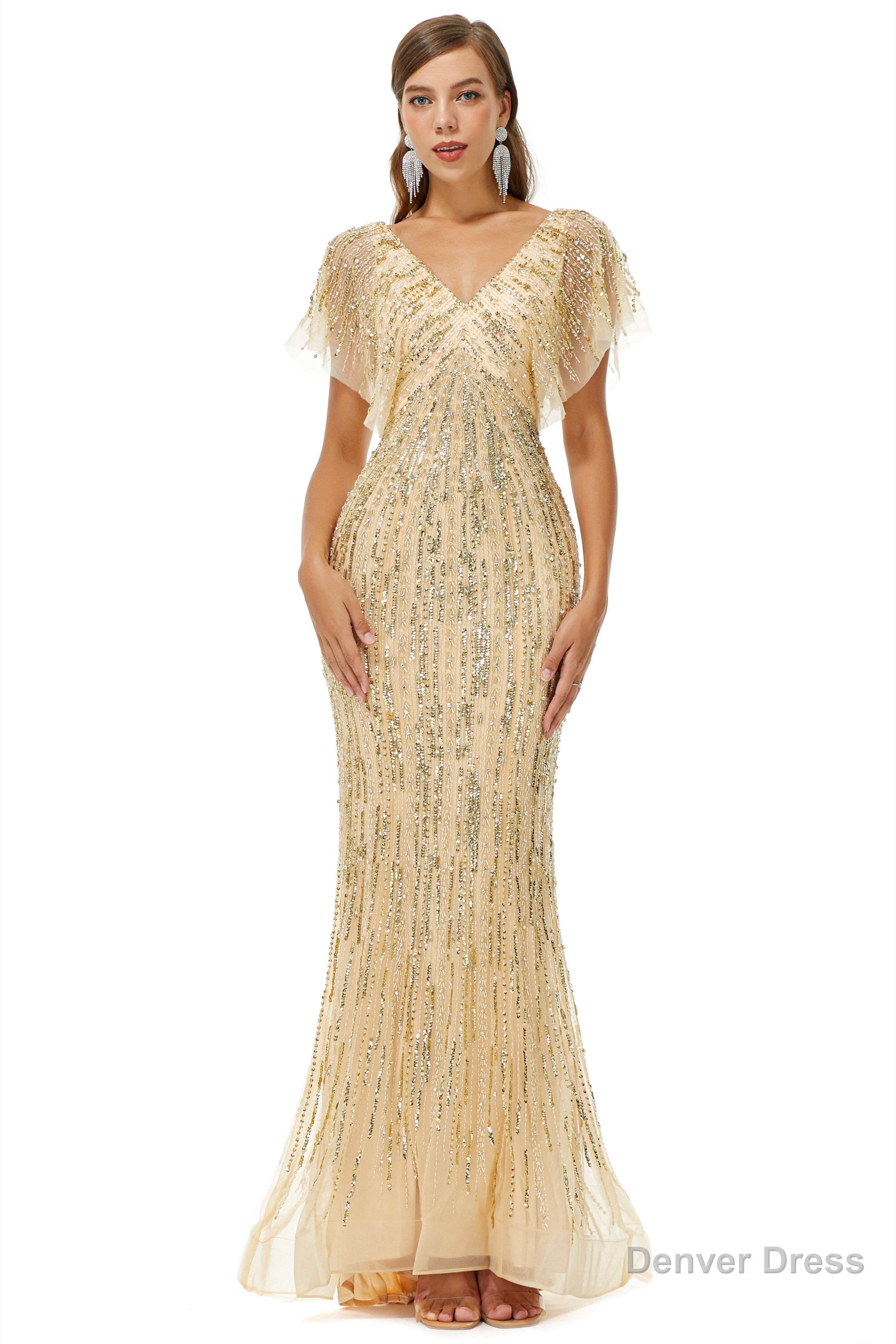 Mermaid Sequins V Neck Bat Sleeve Prom Dresses