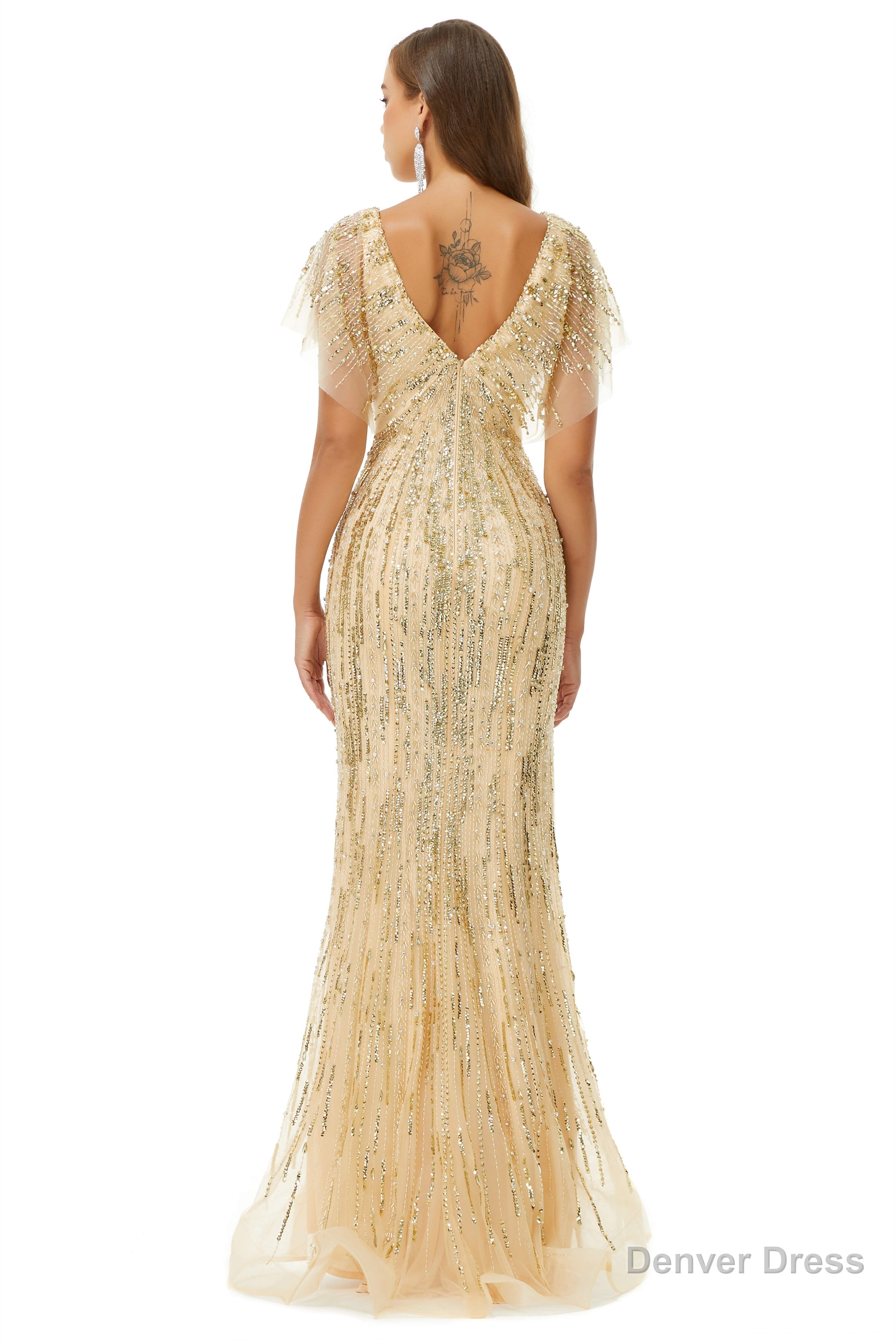 Mermaid Sequins V Neck Bat Sleeve Prom Dresses