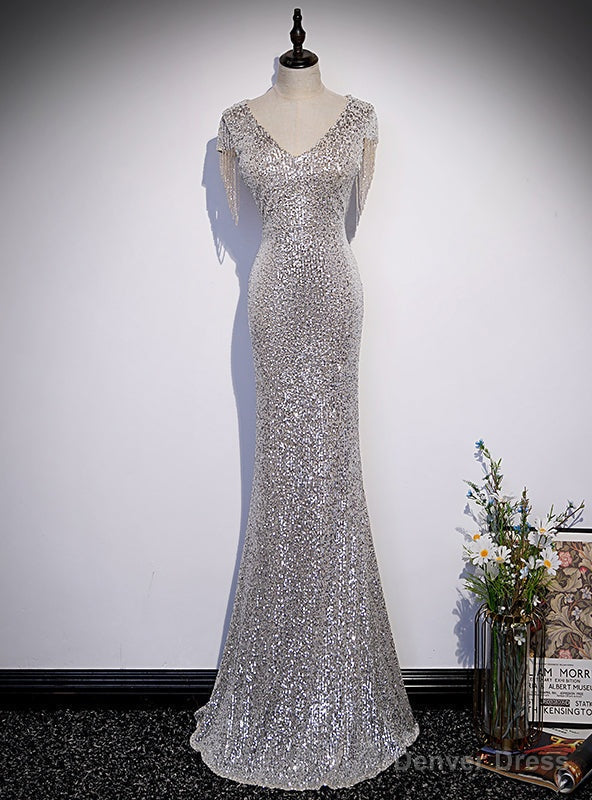 Mermaid Sequins V Neck Beading Prom Dresses