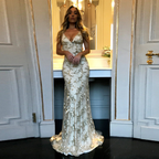 Sexy Mermaid Gold Sequin Tulle Long Backless Prom Dress