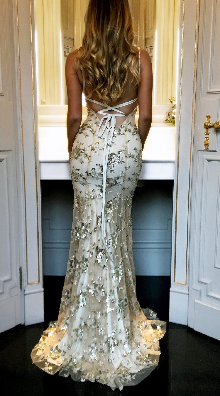 Sexy Mermaid Gold Sequin Tulle Long Backless Prom Dress