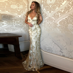 Sexy Mermaid Gold Sequin Tulle Long Backless Prom Dress