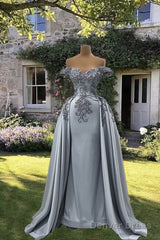 Mermaid Silver Satin Appliques Dress