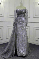 Mermaid Silver Sequin Beaded Off Shoulder Dress