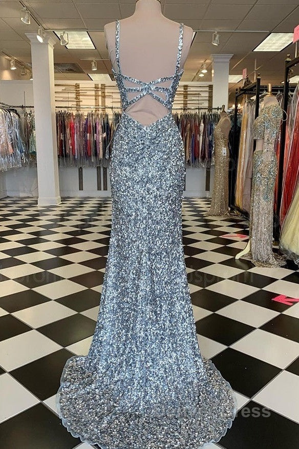 Mermaid Silver Sequin Prom Dresses V-Neck Long Formal Gown Slit