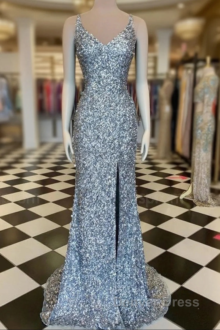 Mermaid Silver Sequin Prom Dresses V-Neck Long Formal Gown Slit