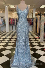Mermaid Silver Sequin Prom Dress V-Neck Long Formal Gown Slit
