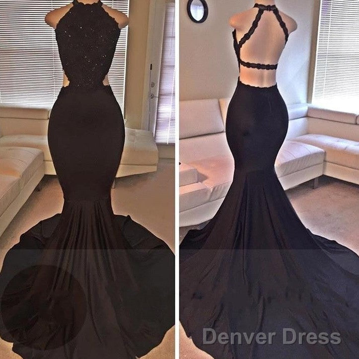 Mermaid Sleeveless Black Backless Lace Prom Dresses Main image