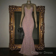 Mermaid Sleeveless Long Rose Pink Sequin Prom Dresses