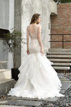Mermaid Sleeveless V Neck Wedding Dresses Sweep Train Ruffles Beaded