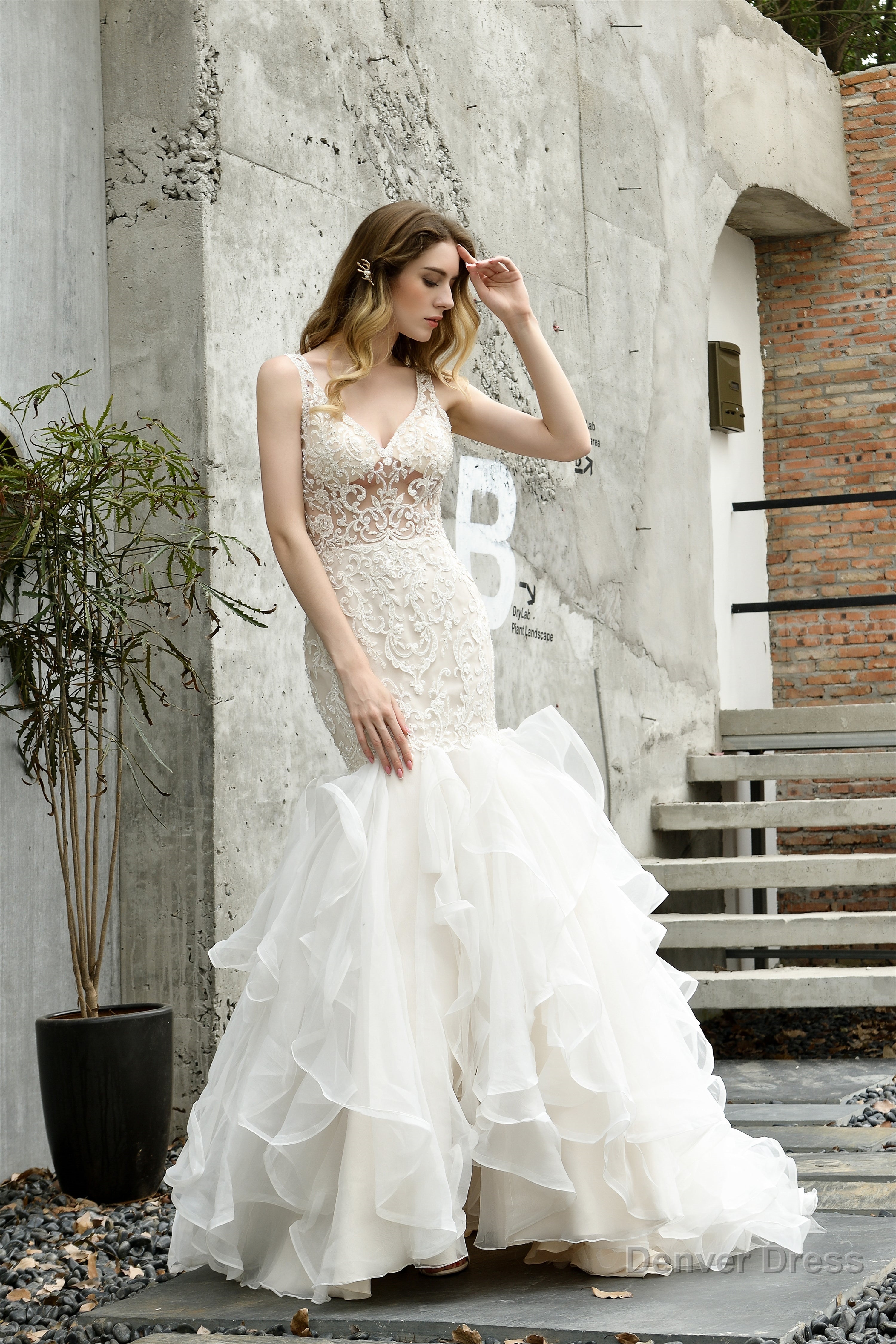 Mermaid Sleeveless V Neck Wedding Dresses Sweep Train Ruffles Beaded Main image