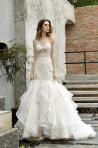 Mermaid Sleeveless V Neck Wedding Dresses Sweep Train Ruffles Beaded