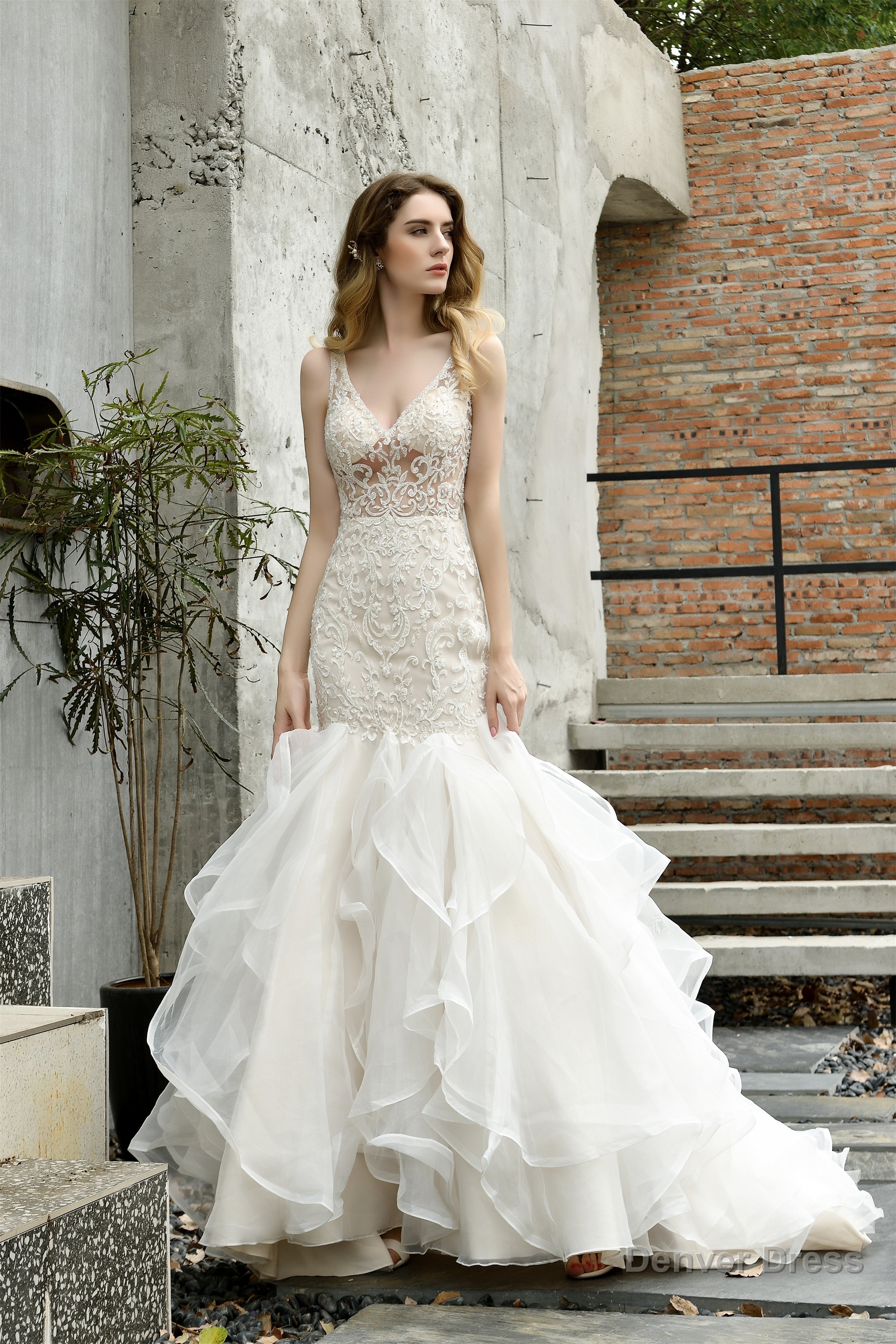 Mermaid Sleeveless V Neck Wedding Dresses Sweep Train Ruffles Beaded