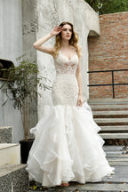 Mermaid Sleeveless V-Neck Wedding Dresses Sweep Train Ruffles Beaded