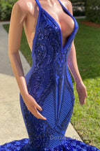 Mermaid Spaghetti strap Appliques Lace Sequined Open Back Floor Length Sleeveless Prom Dresses