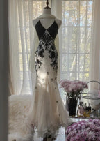 Mermaid Spaghetti Strap Chiffon Applique Long Prom Dress Temperament Birthday Dress