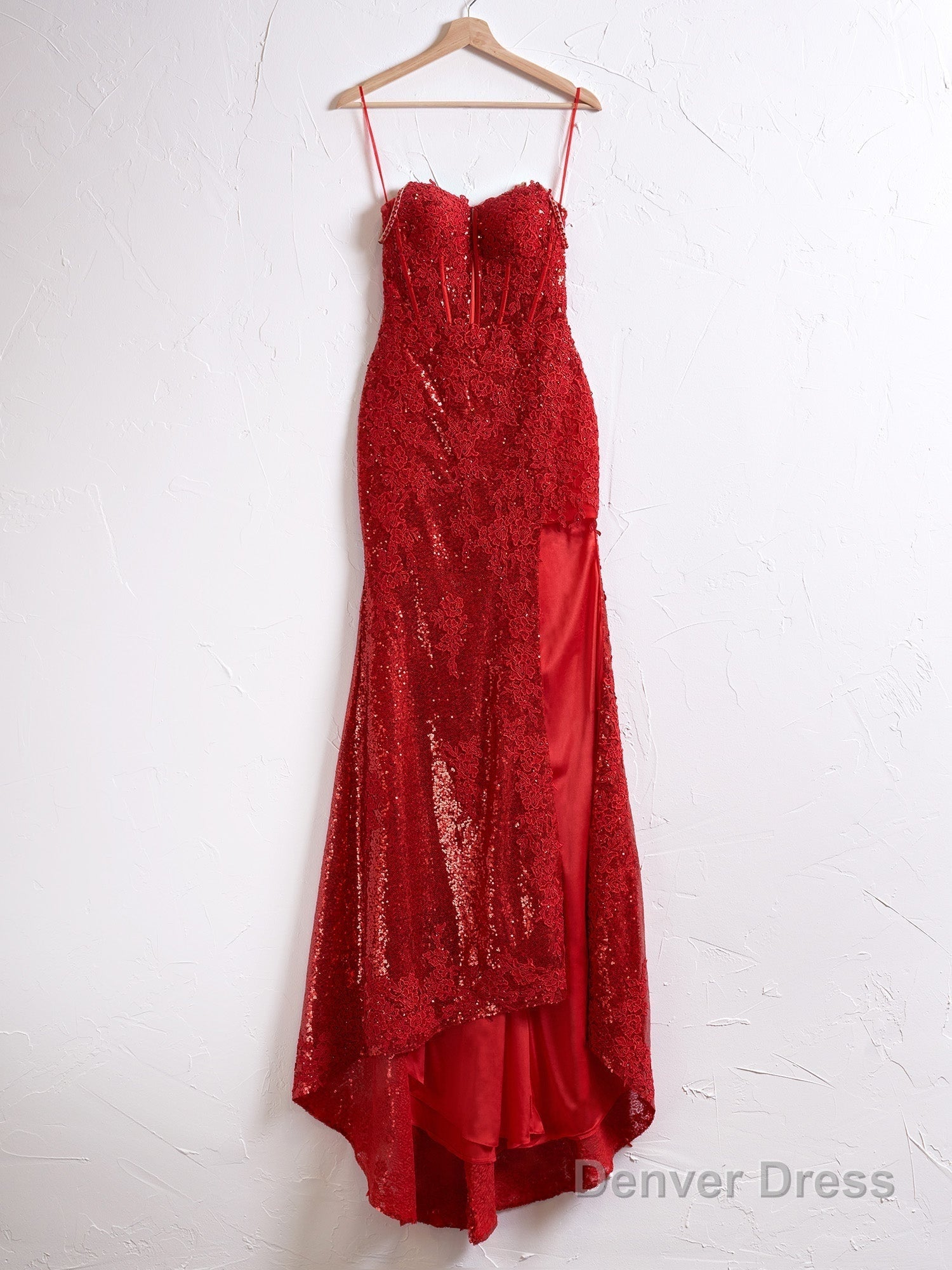 Mermaid Spaghetti Straps Appliques Prom Dress with Slit