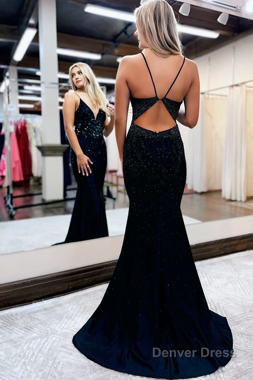 Mermaid Spaghetti Straps Beaded Satin Prom Dresses