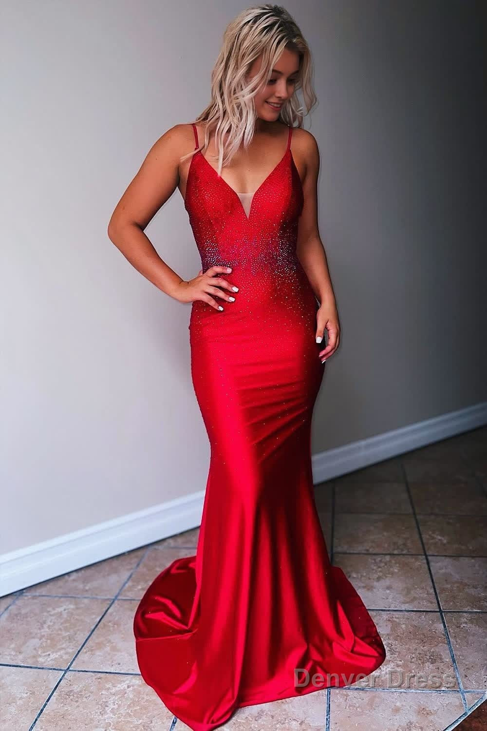 Mermaid Spaghetti Straps Beaded Satin Prom Dresses