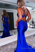 Mermaid Spaghetti Straps Beaded Satin Prom Dresses