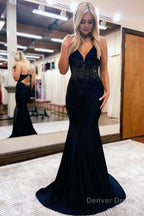 Mermaid Spaghetti Straps Beaded Satin Prom Dresses
