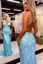 Mermaid Spaghetti Straps Blue Sequins Backless Long Prom Dresses