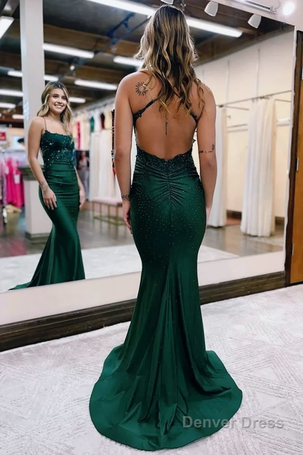 Mermaid Spaghetti Straps Dark Green Long Prom Dress with Appliques Secondary image