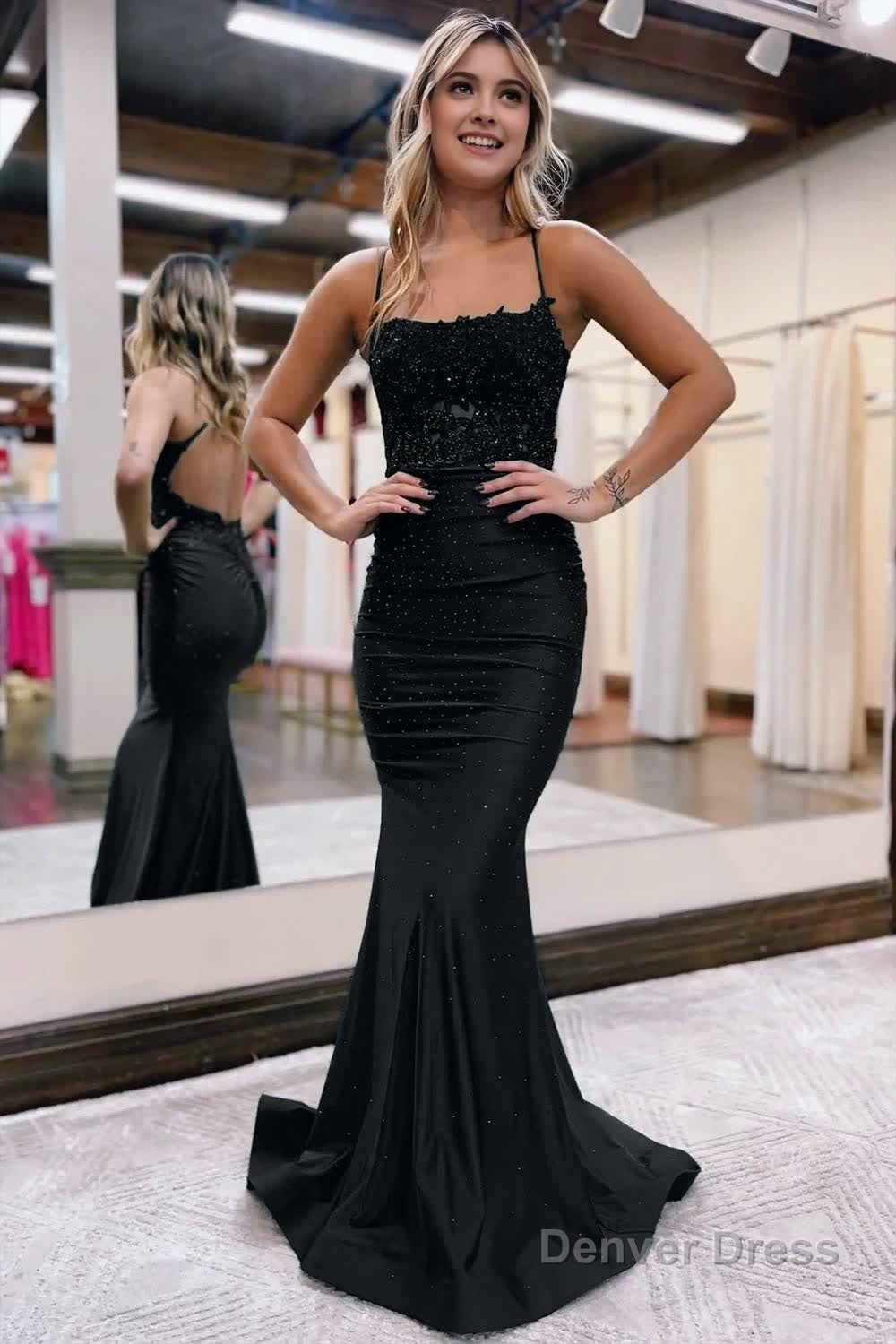Mermaid Spaghetti Straps Dark Green Long Prom Dress with Appliques