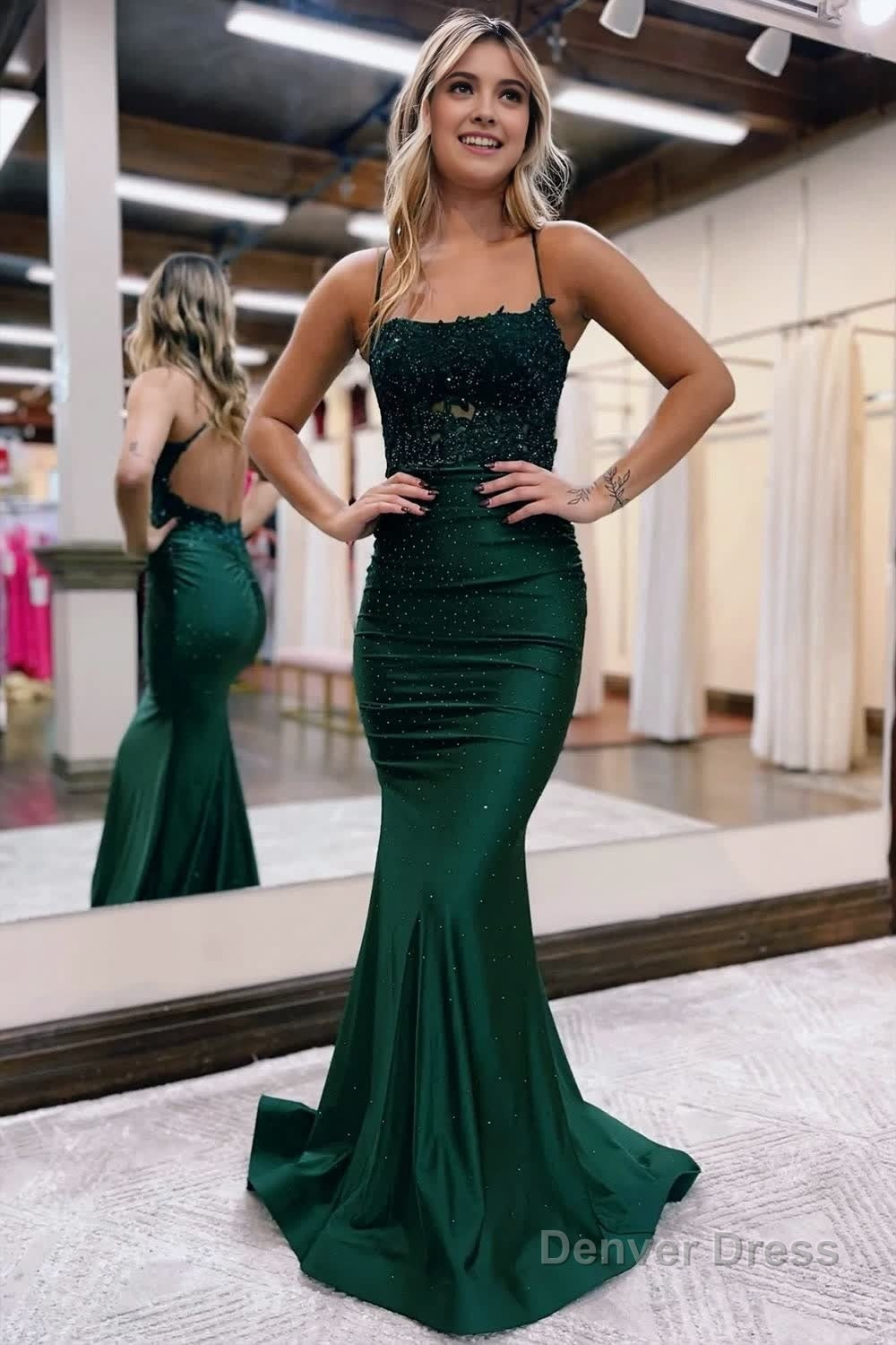 Mermaid Spaghetti Straps Dark Green Long Prom Dress with Appliques Main image