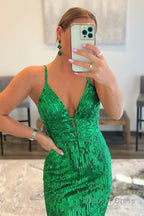 Mermaid Spaghetti Straps Green Sequins Backless Long Prom Dresses